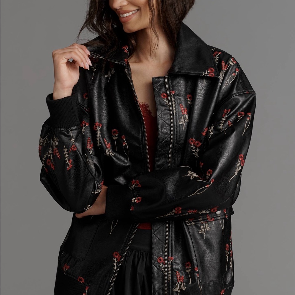 NWT Maeve Faux Leather Floral-Embroidered Bomber Jacket, M